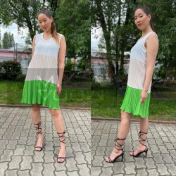   Emilia tri-colour pliszírozott ujjatlan ruha 23809-élénkzöld