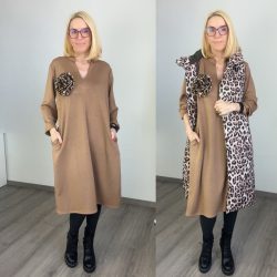   Evora zsebes V-nyakú tunika dekoratív ocelot kitűzővel A59791 -  barna